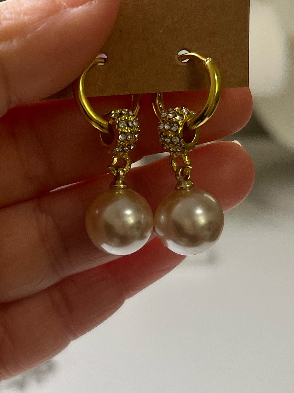 Gold Pearl Drop Hoop Earrings with Crystal Accents